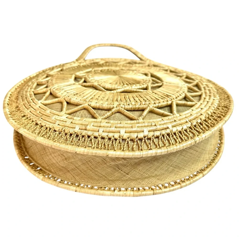 Vintage Hand-Woven Straw Raffia Handbag Natural Geo Sun Beach Bag‎ Boho Coastal